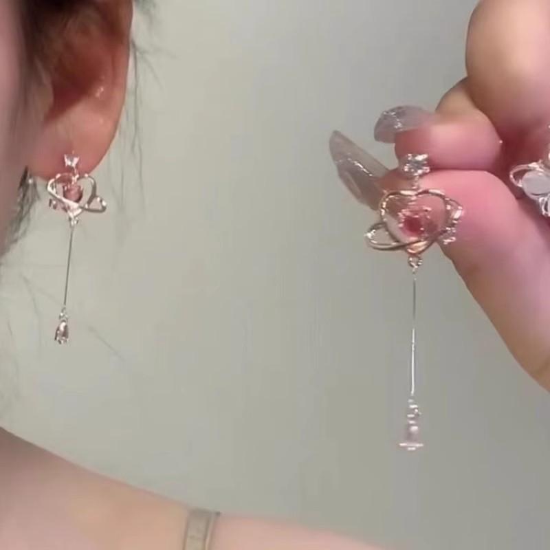 Pink Heart Tassel Earrings - Non-Piercing Luxury Ear Clips for Women