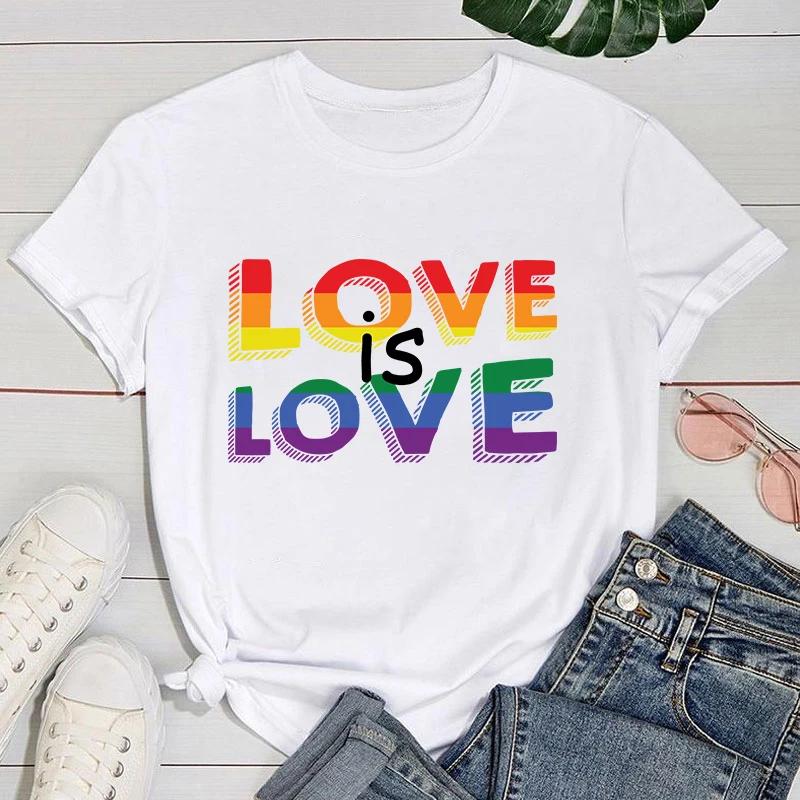 (Premium T-shirt)New Fuuny Lgbt Love Is Love Letter Printed Female 'S And Women'S Fashion Short Sleeve Lgbt Love Is Love Tops