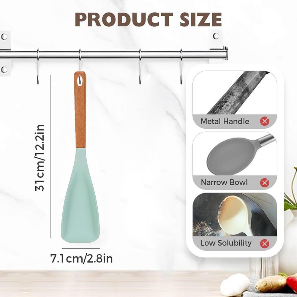 

Cooking Spoon For Nonstick Cookwares Silicone Serving Spoon Heat Resistant Spatula Wooden Handle Utensil For Mixing Scoop And зелёный