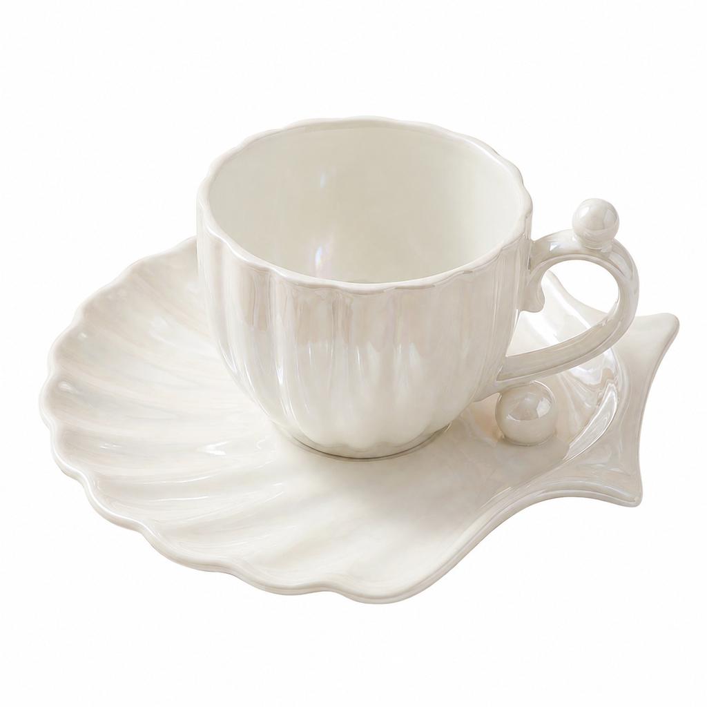 Creative Gradient Pearl Shell Coffee Cup and Saucer Set Ceramic Tea Cup for Home Afternoon Tea Couple Cups Gradient Blue Pink 2-Piece Set