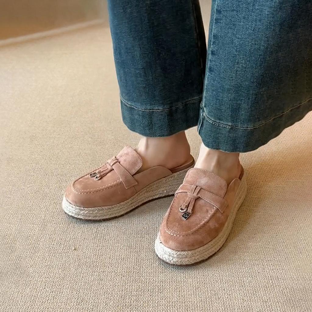 Sheepskin version~ retro thick-soled straw woven one-pedal convenient bag head shoes women's metal lock round head suede half slippers