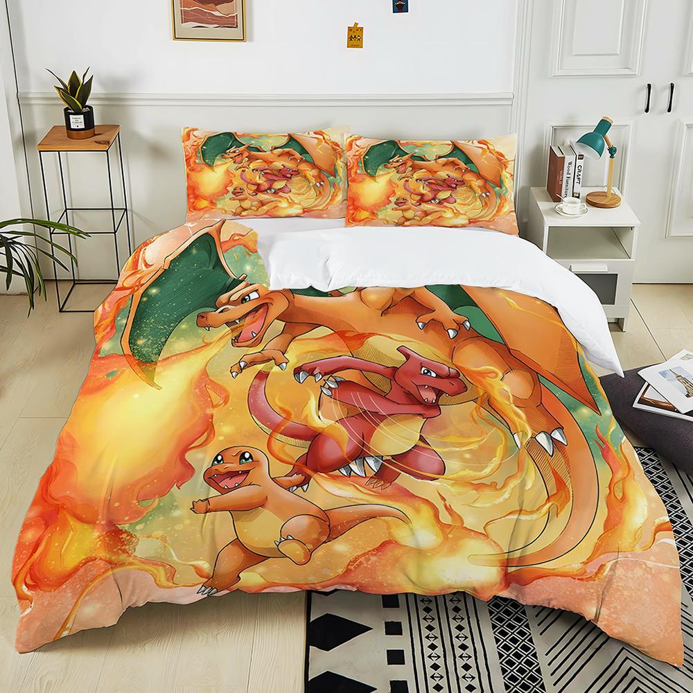 10 Sizes Pokémon Charizard Printed 3PC Bedding Set Duvet Cover  Adult Kids Birthday Gift Full Size Bedding Set Luxury for Gifts