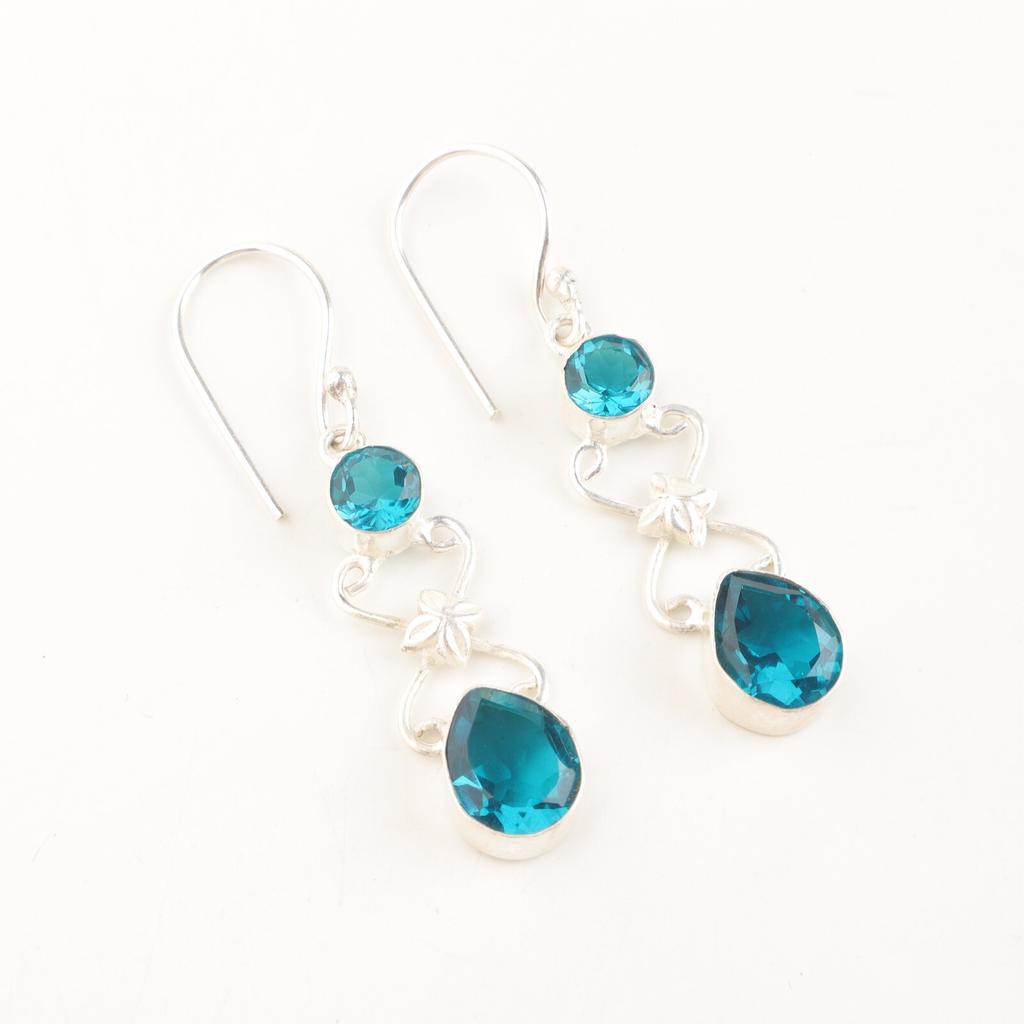 Natürlicher Apatit Edelstein 925 Sterlingsilber Schmuck Handgefertigte Hängeohrringe 2" EE-156-2