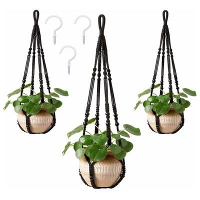 AKEIE Macrame Plant Hanger 3 Pack for Indoor Outdoor Wall Hanging Planter 3 Hooks Hanging Planter Basket Cotton Rope 100cm with Beads No Tassels