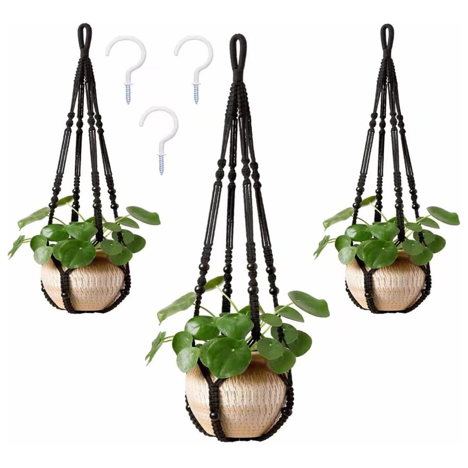 

AKEIE Кашпо макраме 3 шт. для подвешивания на стену в помещении и на улице, 3 крючка, подвесная корзина для растений, хлопковый шнур 100 см с бусинами, без кисточек зелёный