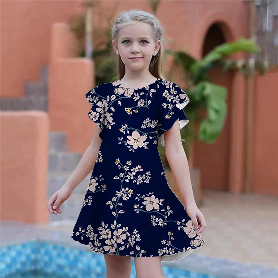 Dívčí šaty s potiskem oranžových květů Dětské Dívčí společenské šaty Volný střih Volný střih sukně s krátkým rukávem pro dívky starší čtyř let