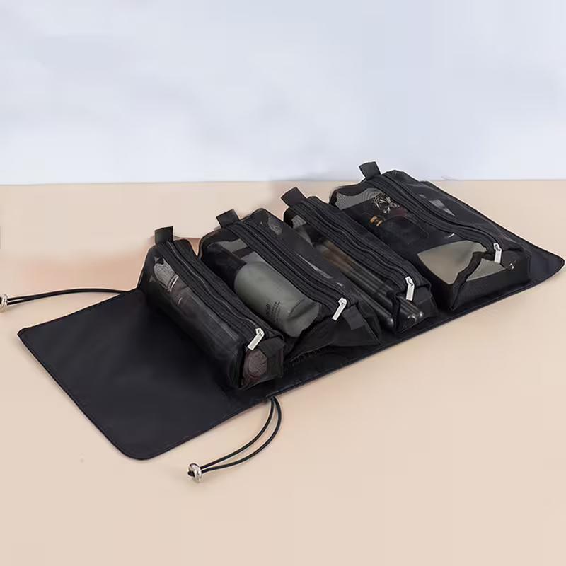 Portable, large-capacity mesh storage bag for cosmetics and toiletries; 4-in-1 detachable beauty product travel organizer.