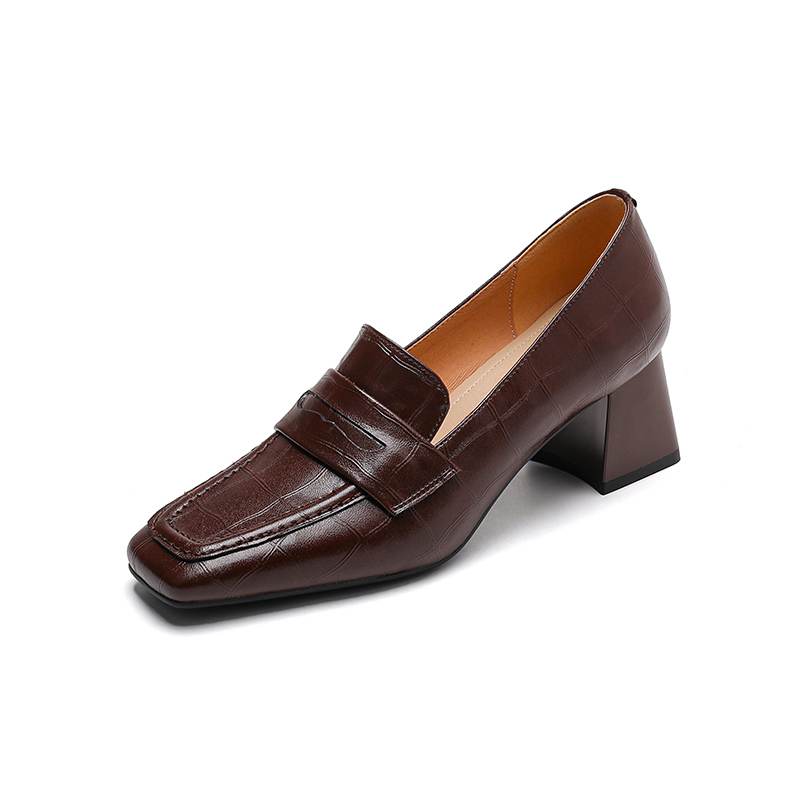 

Krazing Pot Vintage Cow Skin Summer Autumn Thick High Heels Party Shoes Women Square Toe Concise Design Pumps 35 коричневый