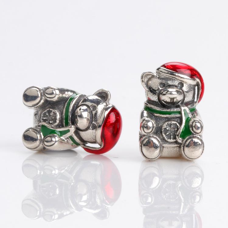 Panjia Charms S925 Sterling Silver Christmas Teddy Bear Beads - European and American Holiday Series Loose Bead