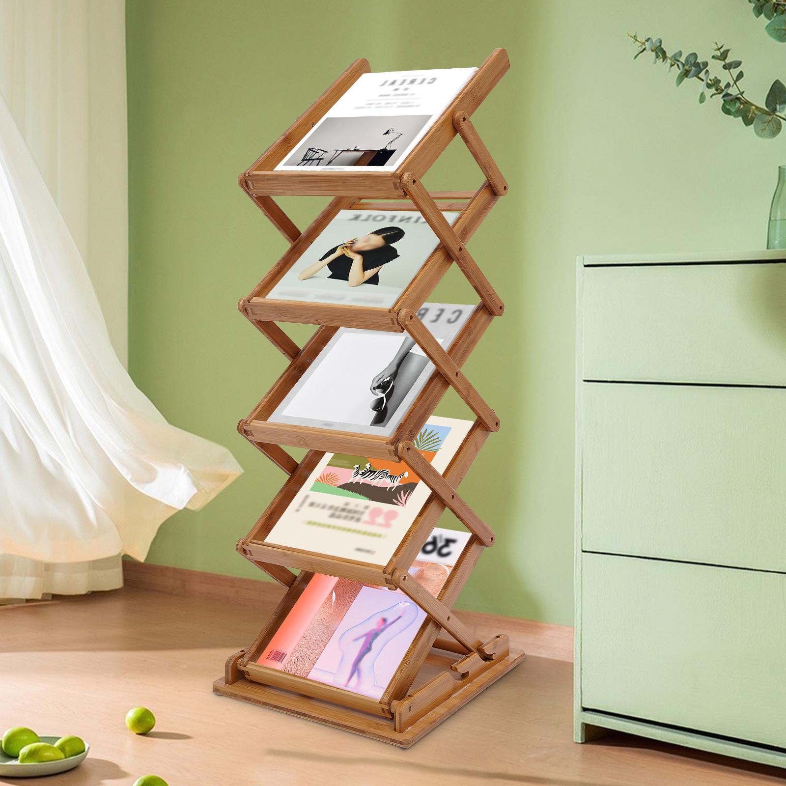 

5-Tier Bamboo Folding Magazine Rack, Portable Lightweight Floor Stand for Trade Show, Office- Foldable Literature Display Holder