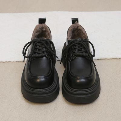 British Style Small Leather Shoes Women's Velvet Warm French Platform Women's Shoes 2025 New Autumn and Winter Loafers Cotton Shoes