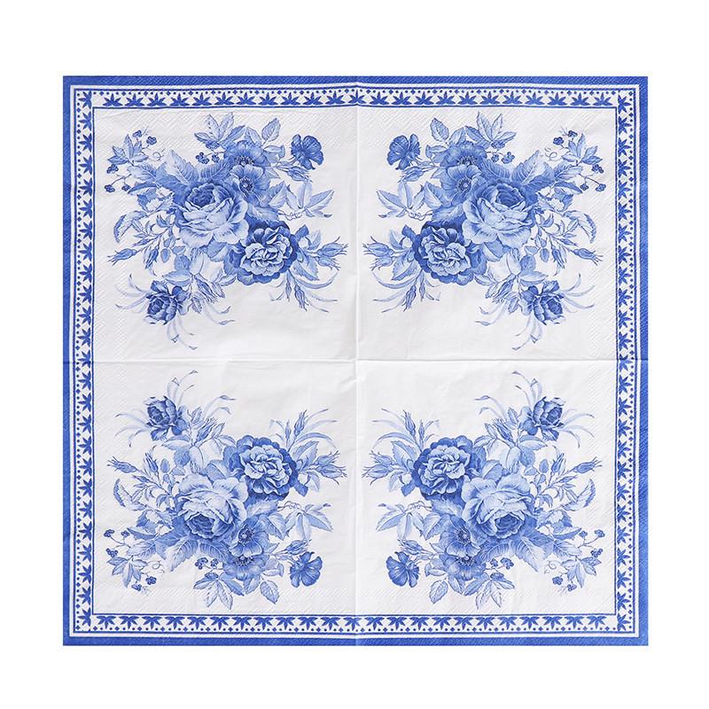 20 st/förpackning Blå Blommor Serie Papper Cocktail Fyrkantiga Middagsservetter För Bröllop Födelsedag Babyshower Dekoration
