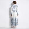 Spring Autumn Women Vintage Print Runway Dresses Single Breasted Long Maxi Party Belt Dress for Graduation
