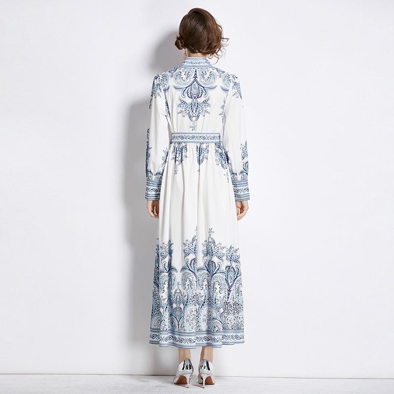 Spring Autumn Women Vintage Print Runway Dresses Single Breasted Long Maxi Party Belt Dress for Graduation