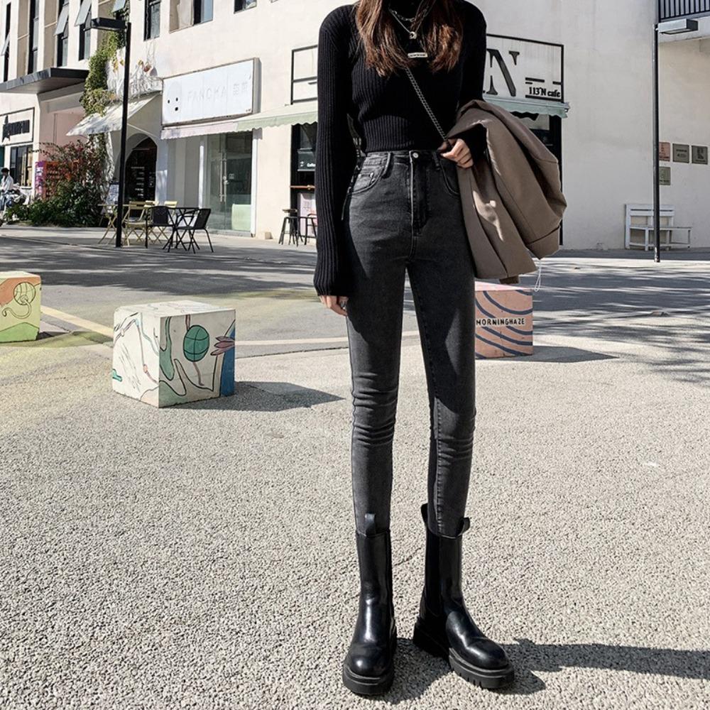 Slim Stretch Nine-point Jeans for Women with High Waists and Small Legs