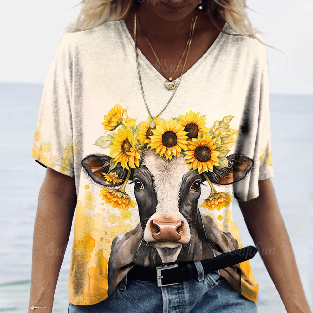 

Топ с принтом коровы в стиле каваи, женская футболка, модные футболки с v-образным вырезом и коротким рукавом, повседневная женская блузка, винтажная женская одежда M