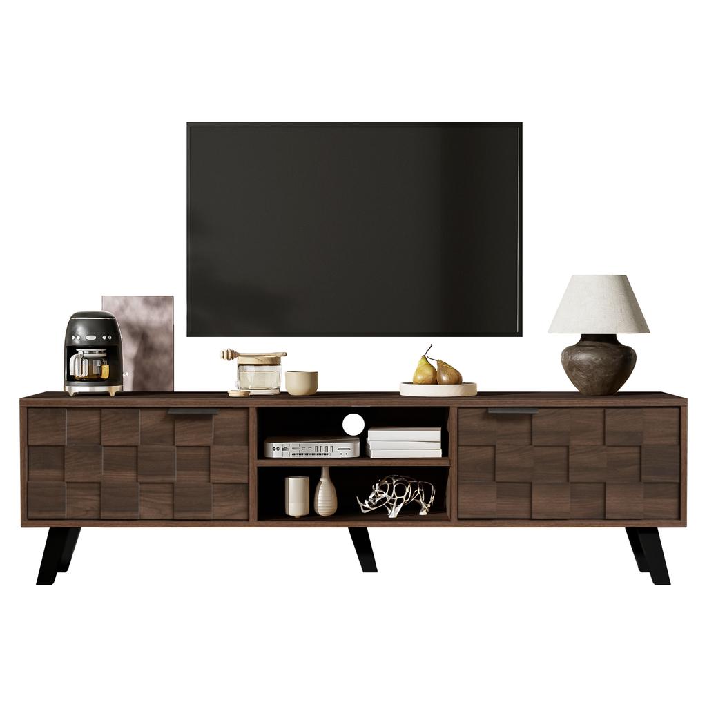Mueble de TV moderno con 2 puertas y 2 compartimentos abiertos en veta de madera oscura – 160,5 x 35,5 x 45 cm