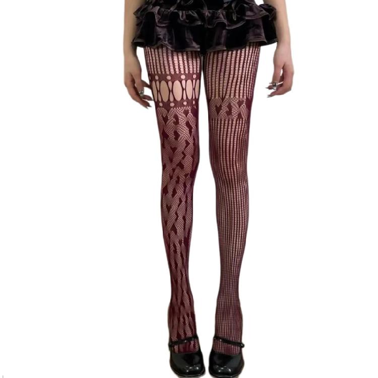 Women Hollowed Fishnet Pantyhose Heart Striped Asymmetrical Sheer Lace Tights