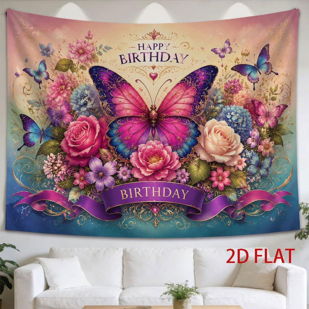 2D Flat - 2D Flat - 1pc 2D Flat Tapestry Birthday Butterfly Among Flowers Hanging Tapestry