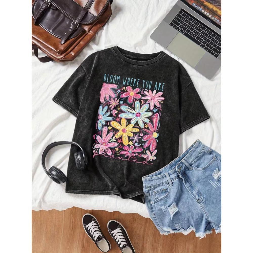 Colorful Floral Graphic T-shirt, Vintage Washed Women's Top, Loose Round Neck,Daily Casual & Travel Basic Short Sleeve Daily Wear Cool Top