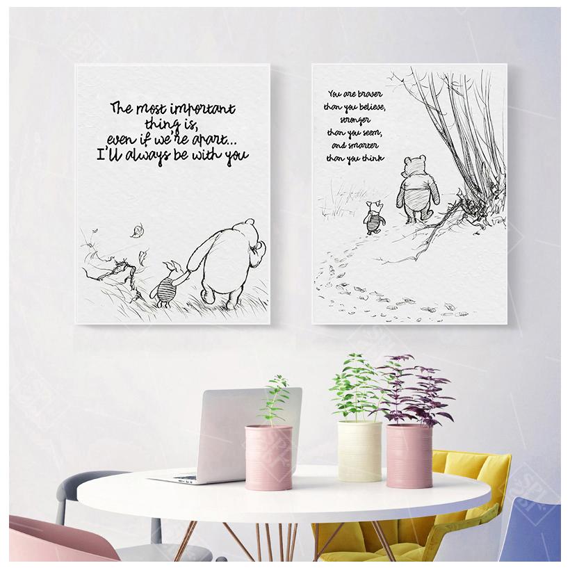 Winnie The Pooh Quotes Canvas Posters and Prints Classic Cartoon Movie Art Painting Black White Picture Kids Room Wall Art Decor