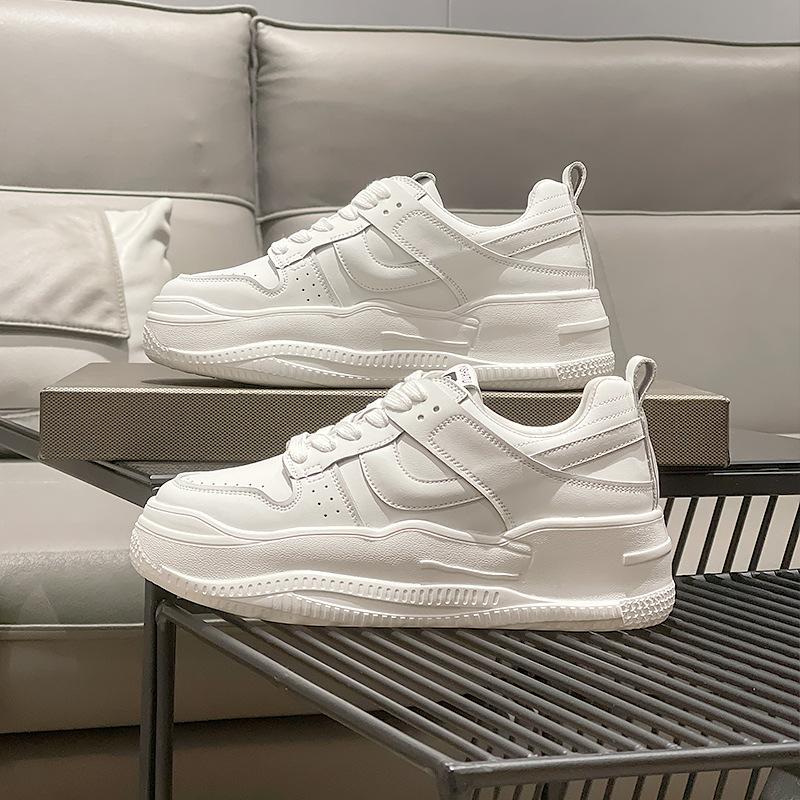 Leather little white shoes women's spring lace-up round head thick-soled versatile casual shoes board shoes women