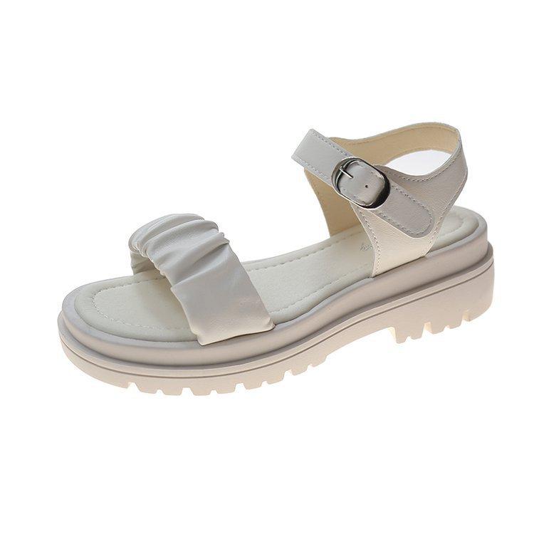 

Flat-soled sandals girl 2025 spring and summer new rubber soft-soled one-character buckle strap square mixed with open-toed PU fairy shoes 40
