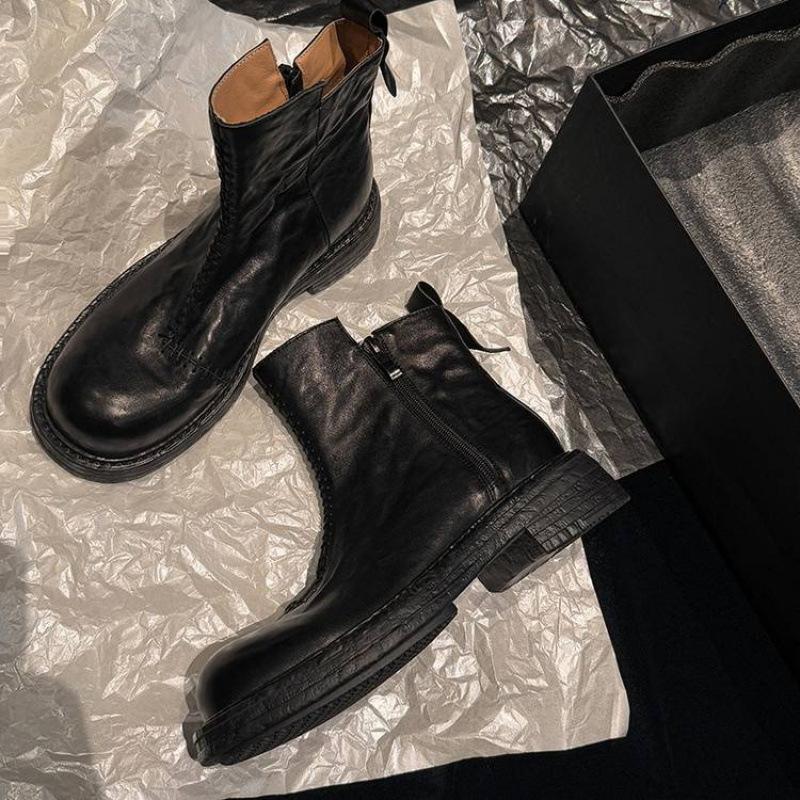 New women's leather Martin boots solid color medium heel rubber thick sole round head versatile comfortable zipper cowhide mid-tube boots