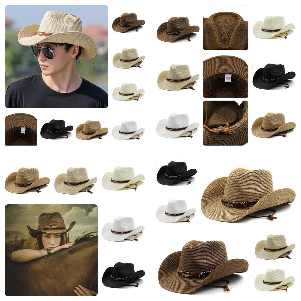 Adjustable Western Cowboy Straw Hat For Women Perfect For Outdoor Beach Activities With Sun Protection And Stylish Brim