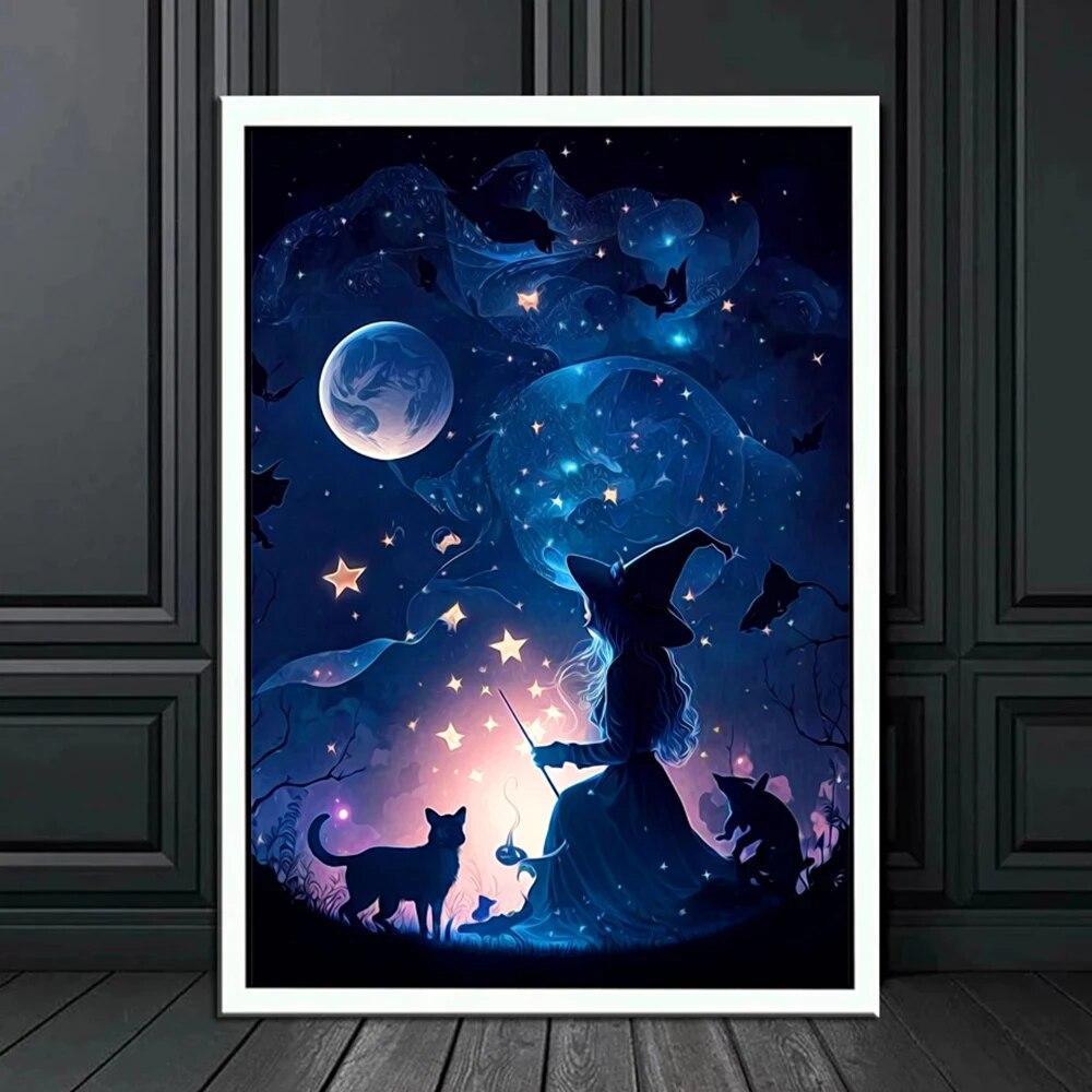Fantasy Starry Sky Halloween Witch Posters Print Moon Witch Witchcraft Magic Canvas Painting Wall Art Picture Living Room Decor No Frame