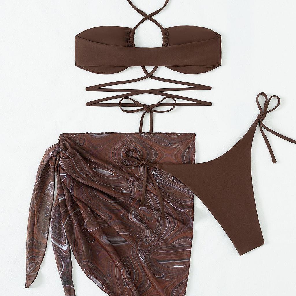 European & American Sexy Halter Neck Bikini Three-Piece Set: Bandeau Bikini & Split Swimwear