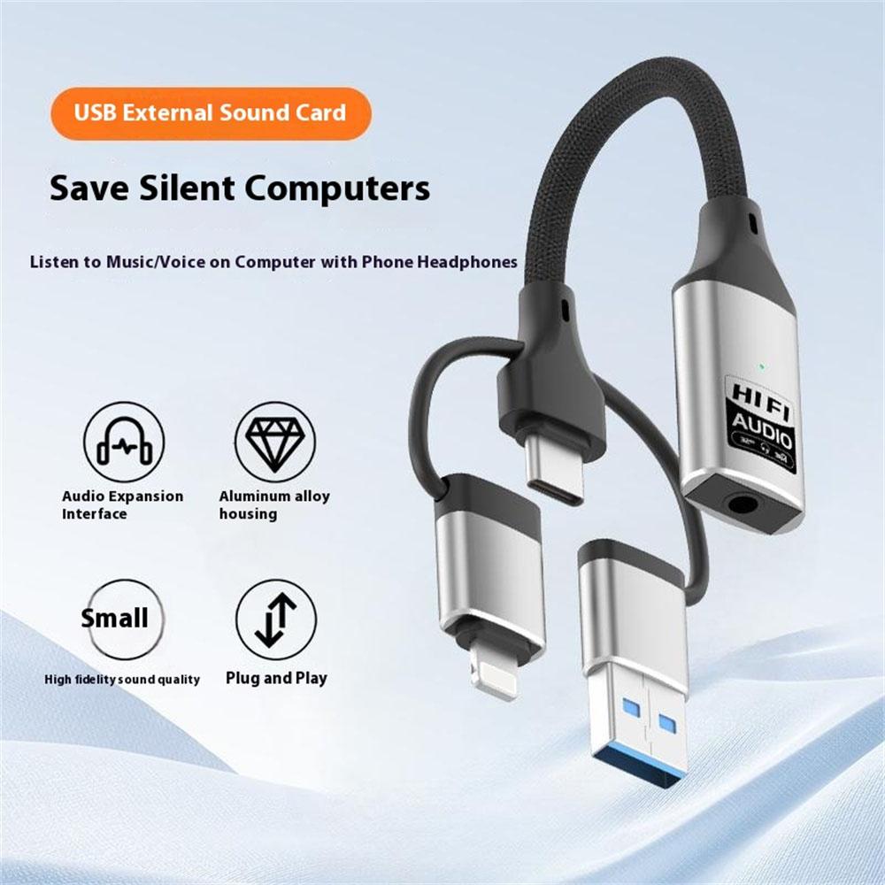 3 In 1 iP/USB/Type C to 3.5mm HiFi External Sound Card Compatible with Android Windows MAC for Live Streaming Karaoke