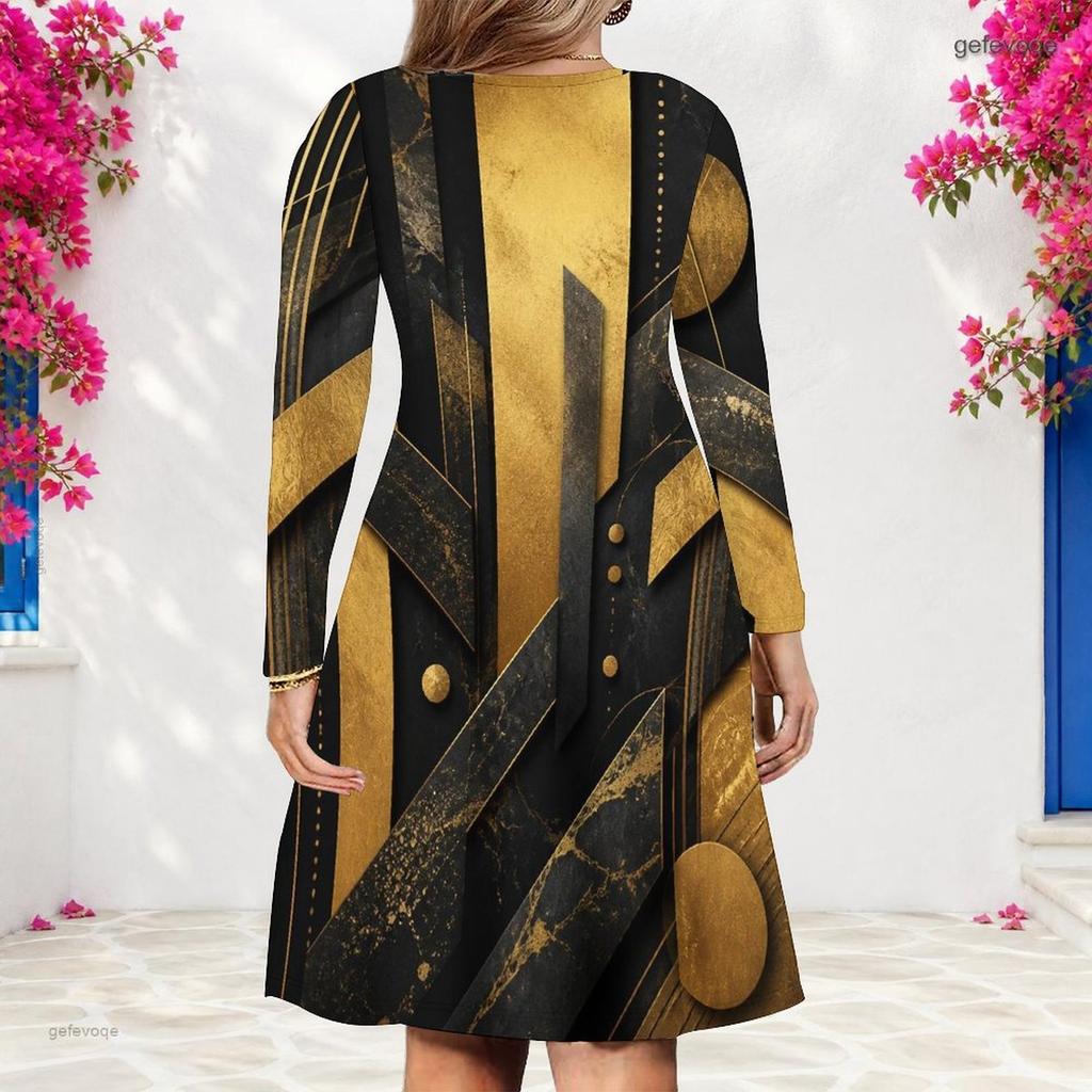 Women Plus Size Light Purple Printed V Neck Long Sleeve A Line Dress