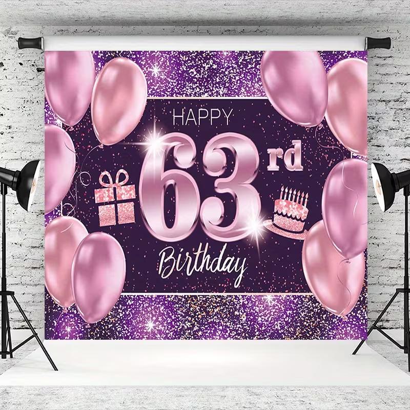 2D 63rd Birthday Photography Backdrop Purple Glitter Rose Gold Party Photo Booth Banner