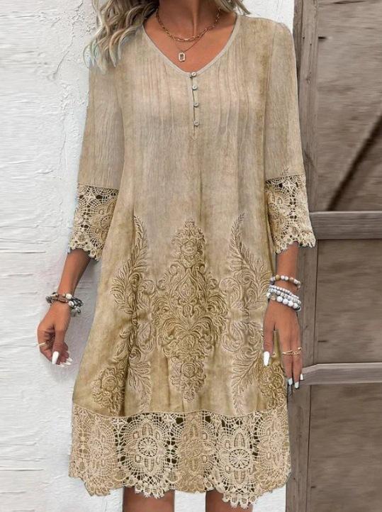 Womens V-Neck 3/4 Sleeve Summer Dress Fashion Flower Print Lace Hollow Out Mini Dress