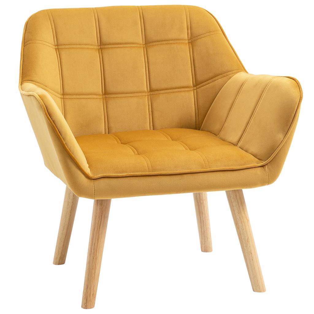 Armchair Accent Chair, Vanity Chair with Wide Arms, Slanted Back, Padding, Metal Frame, Wooden Legs, Home Bedroom Furniture Seating, Yellow