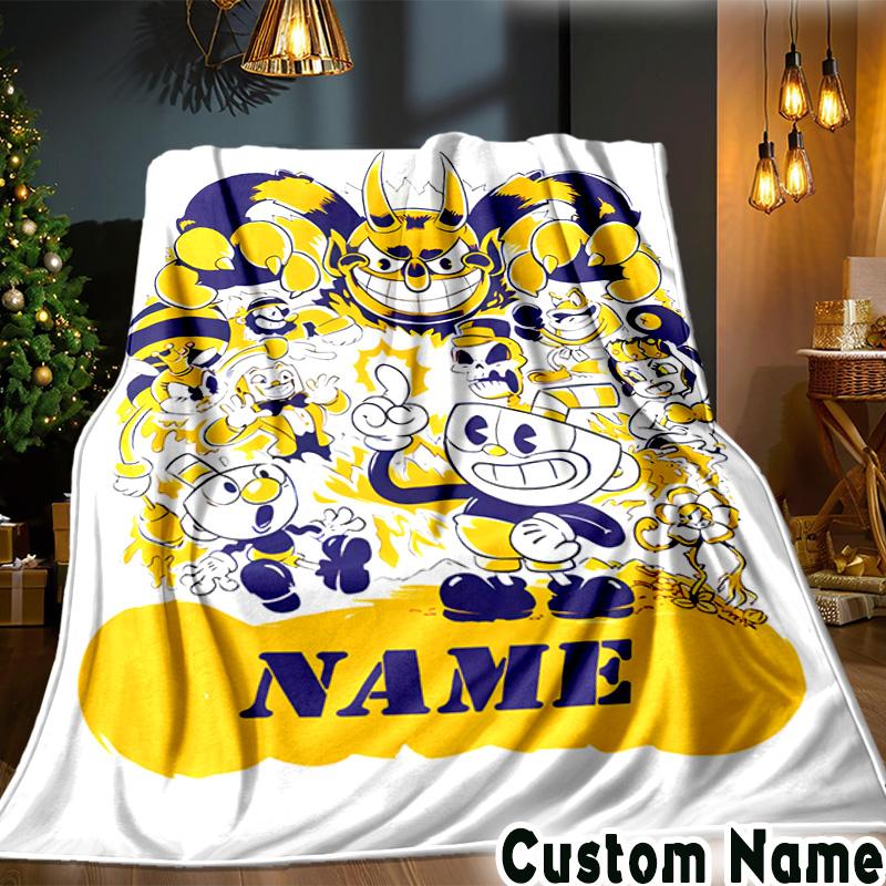 Custom Name Cup-head Blanket Bedding Blanket Picnic Blanket for Women Men, Throw Blankets for Couch Bed, Christmas and Halloween gifts