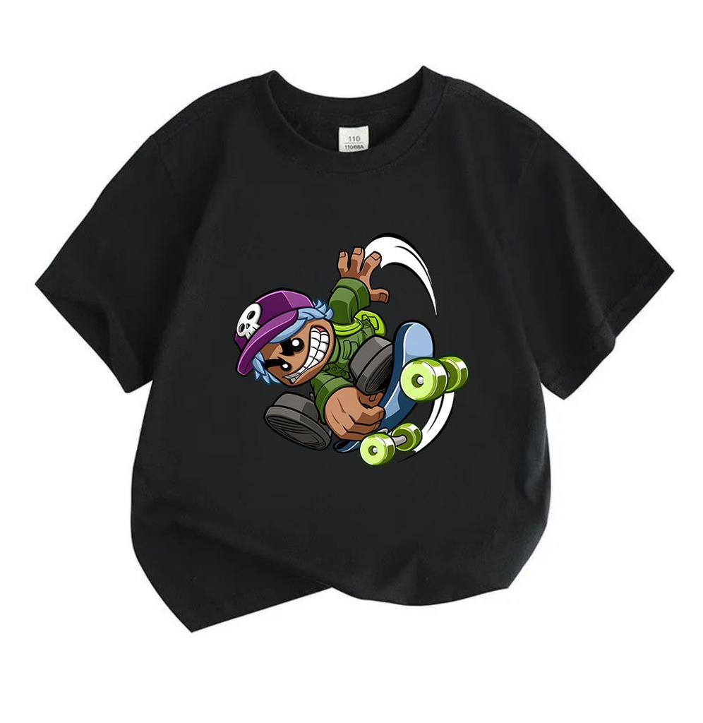Kids Boys Girls Crew Neck Short Sleeve 100% Cotton T-shirt, Cool Cartoon Skateboard Skater Print Casual Tees, Comfortable Lightweight Tops for Daily O