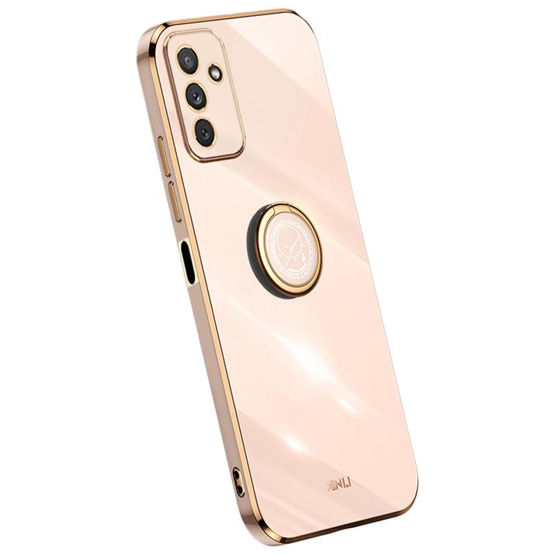 

XINLI For Samsung Galaxy M23 5G/F23 5G Precise Lens Cutout Shockproof Phone Case with Ring Kickstand Electroplating Golden Edge Soft TPU Cover Pink