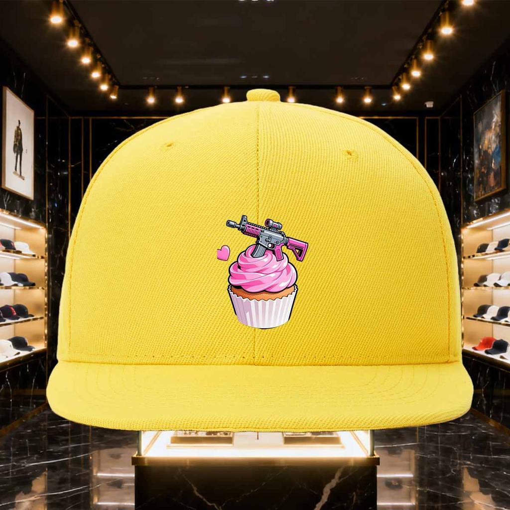 Pink Gun Cupcake Graphic Baseball Cap Unisex Polyester Flat Brim Snapback Hat Outdoor Dad Hat