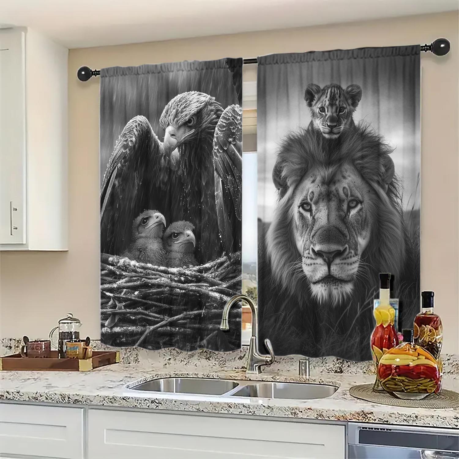 

Artistic Panels Father Son Relationship Between Animals Half Suitable Home Decorative Curtains Curtain Blackout Polyester W100*H70(CM)-Hooks&2PCS