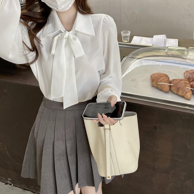

White Bow Long Sleeved Shirt for Women in Spring and Autumn Fashion Temperament Lace Up Commuting Top 2XL білий