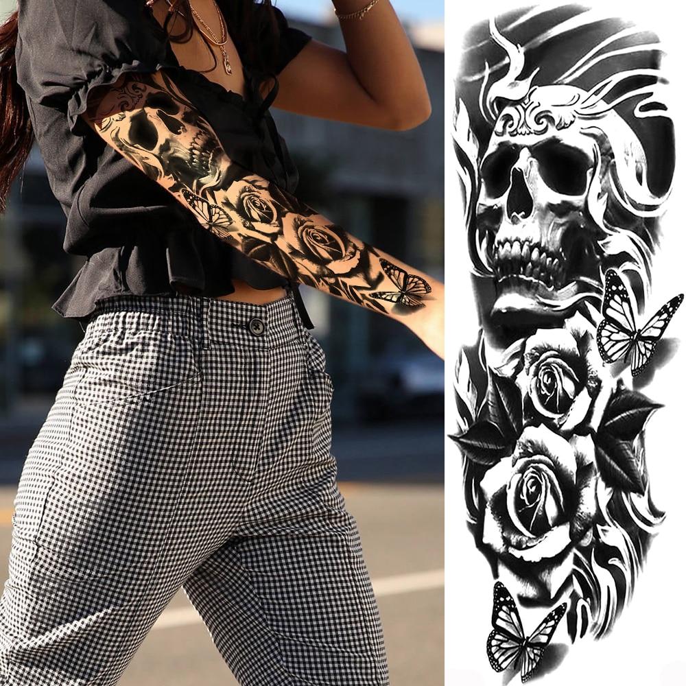46 vellen grote volledige arm tijdelijke tatoeages voor mannen, draak klok bloem skelet schorpioen halve arm waterdichte nep tattoo stickers voor volwassenen of tieners op onderarm