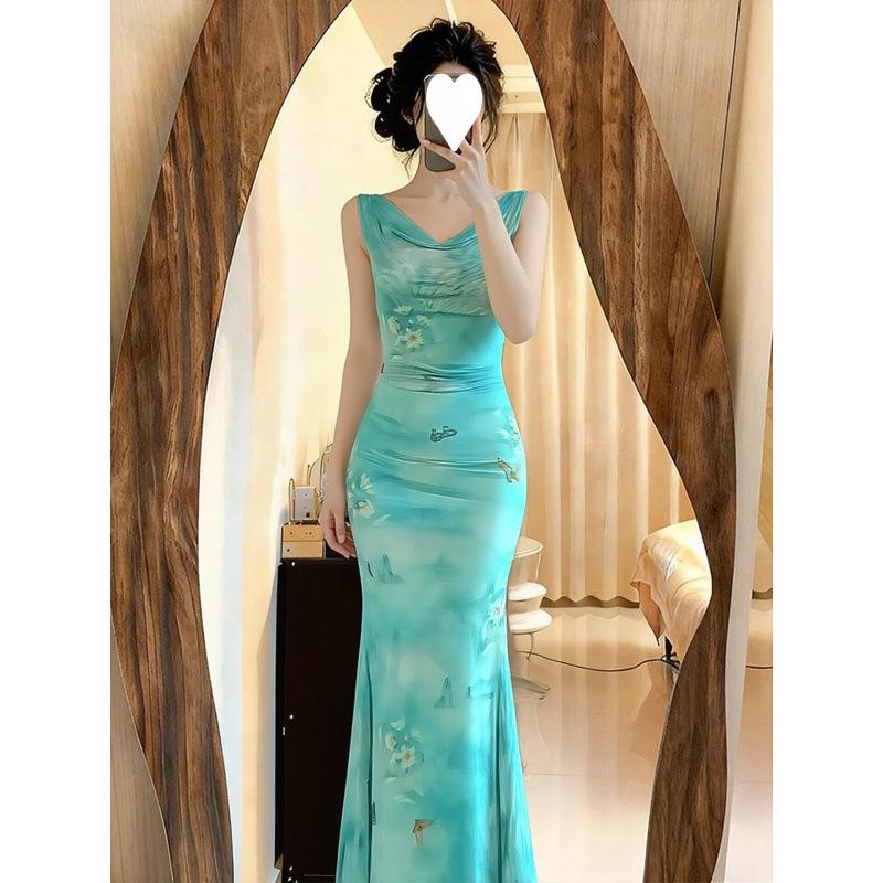 New butterfly print swinging collar suspender dress female slim waist fishtail long dress Spice girl vacation skirt