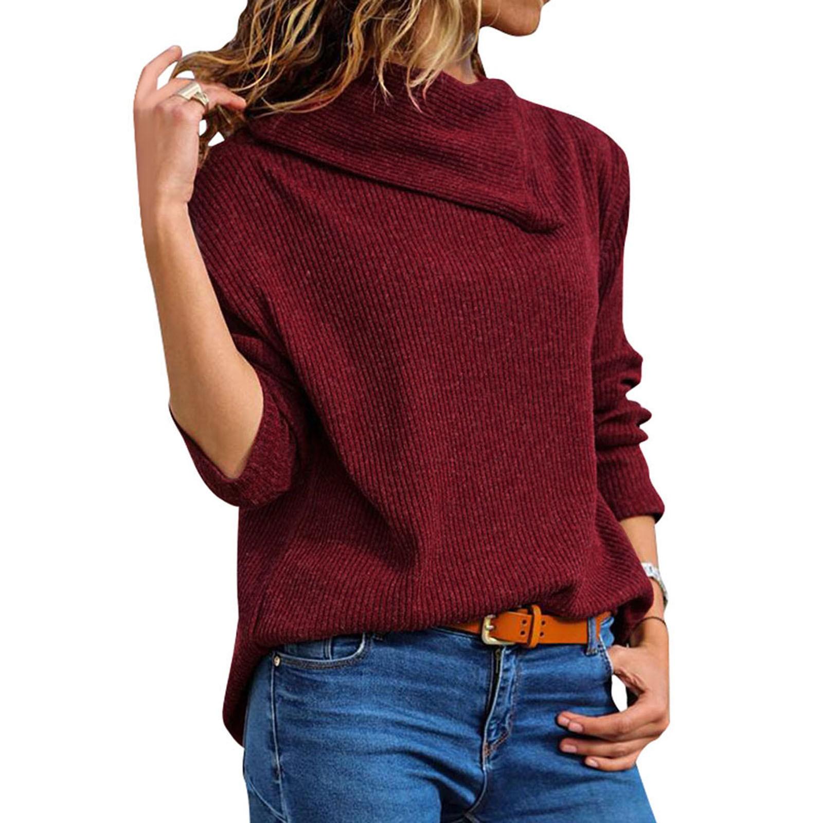 

Женский однотонный вязаный свитер с асимметричным вырезом и длинным рукавом XL красный