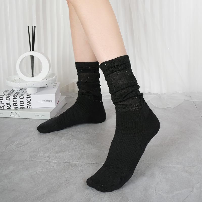 Summer Women's Thin Style Lace Socks, Ballet-style Combed Cotton Breathable Mid-calf Socks, Solid-colored Pile-up Socks