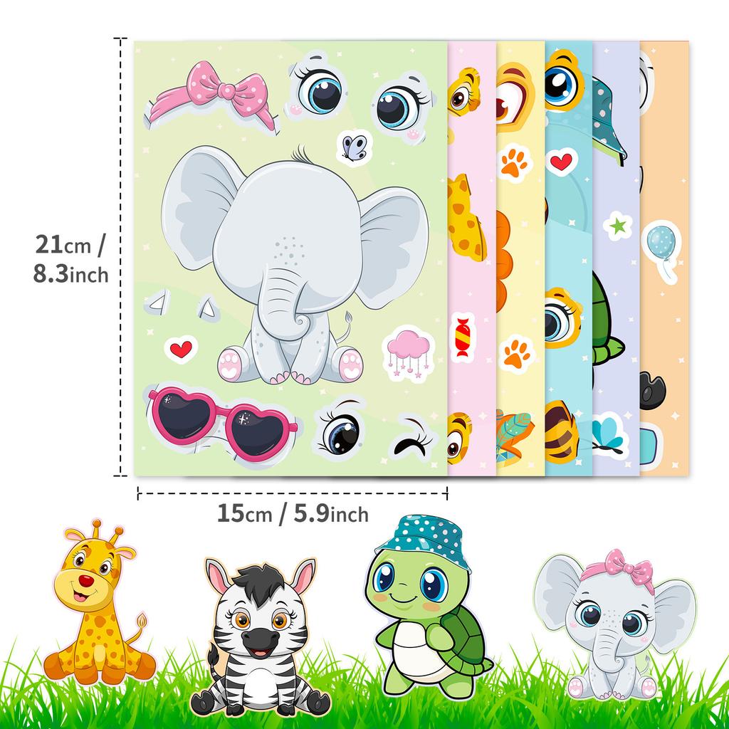 Children Cartoon Animal Stickers Kit 6 Sheets Face Make-a- Decals ideal for Notebook Phone Laptop Stationery Decor Gifts Ideal For Kids