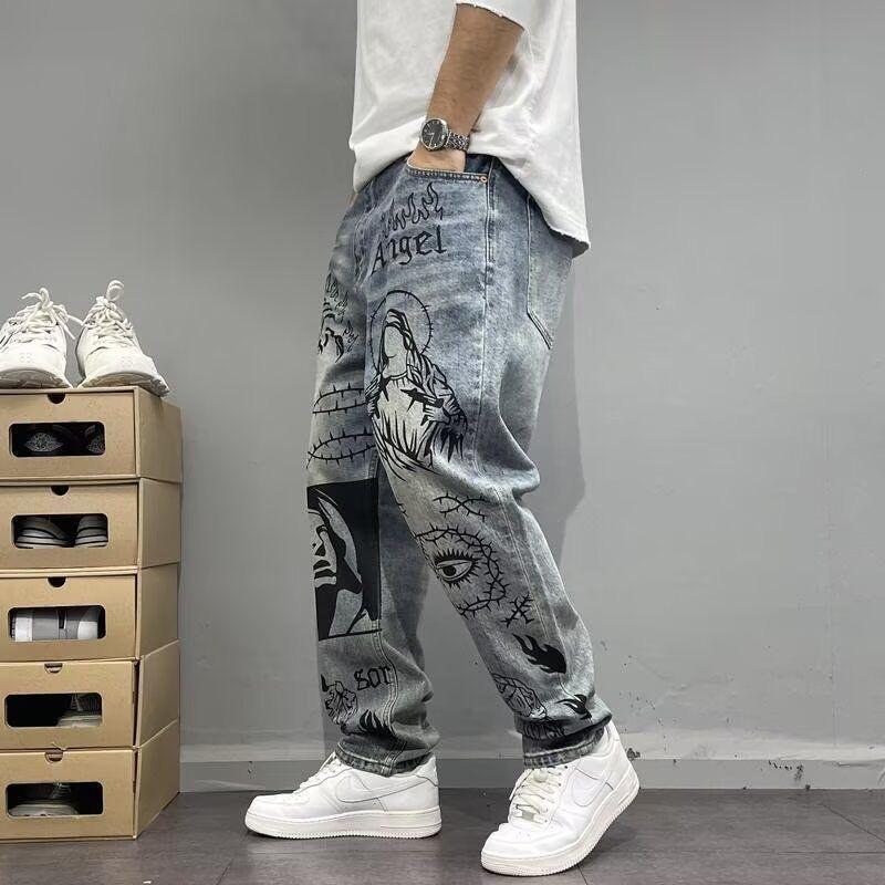 Spring Autumn Printed Straight Leg Sports Denim Pants Men's Loose Comfortable Plus Size Pants