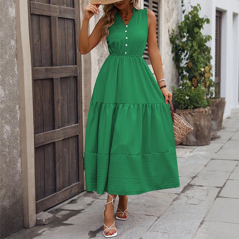 V-Neck Summer A-Word Skirt European And American Women'S Clothing Solid Color Sleeveless Stand-Up Collar Dress