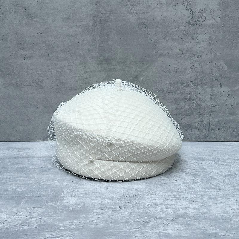 French Celebrity Pearl Mesh Wool Beret Female Autumn And Winter Face Small Elegant Retro Painter Top Hat Foreign Style